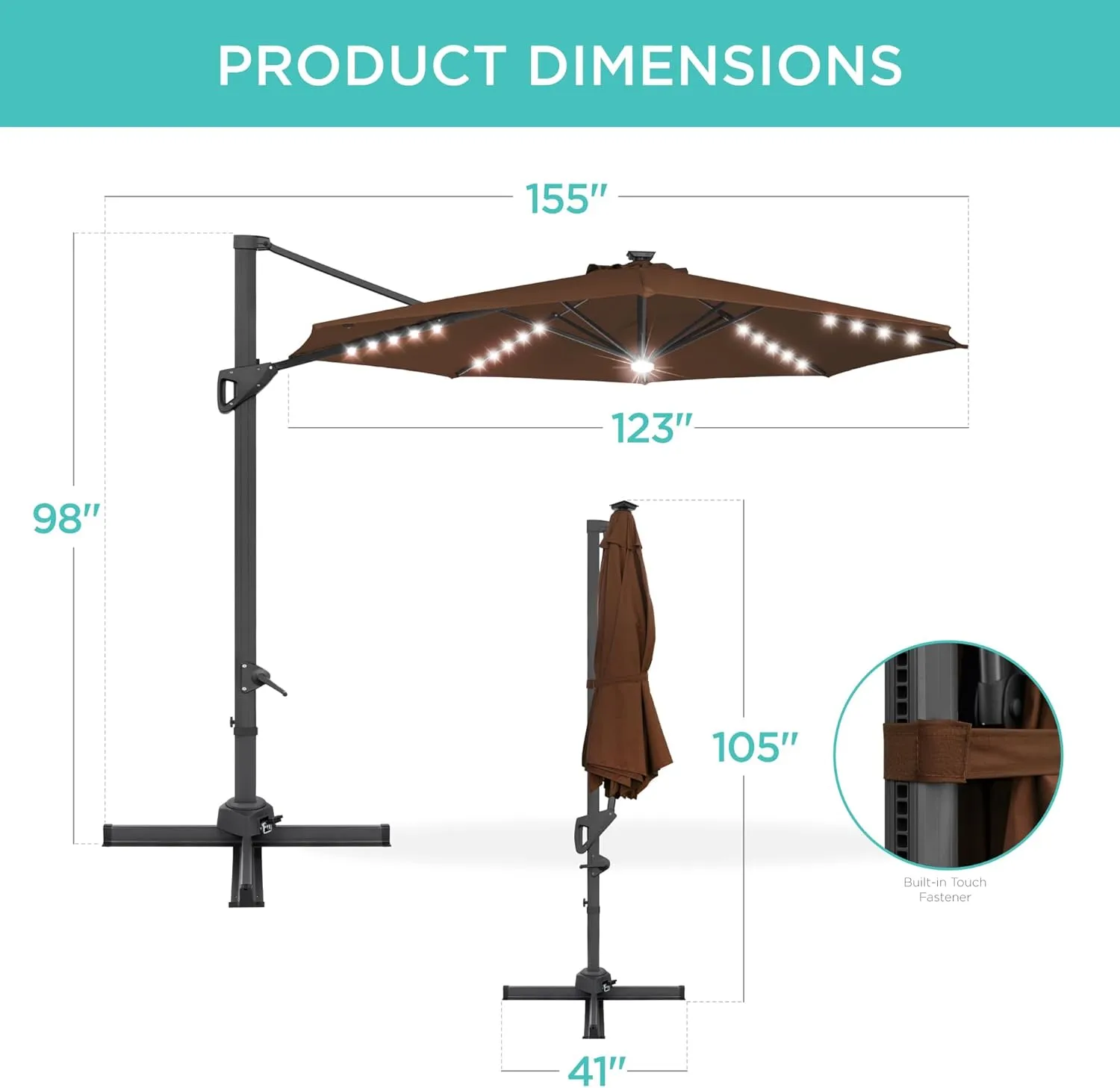 Best Choice Products 10ft Solar LED Cantilever Patio Umbrella, 360-Degree Rotation Hanging Offset Market Outdoor Sun Shade for Backyard, Deck, Poolside w/Lights, Easy Tilt, Cross Base