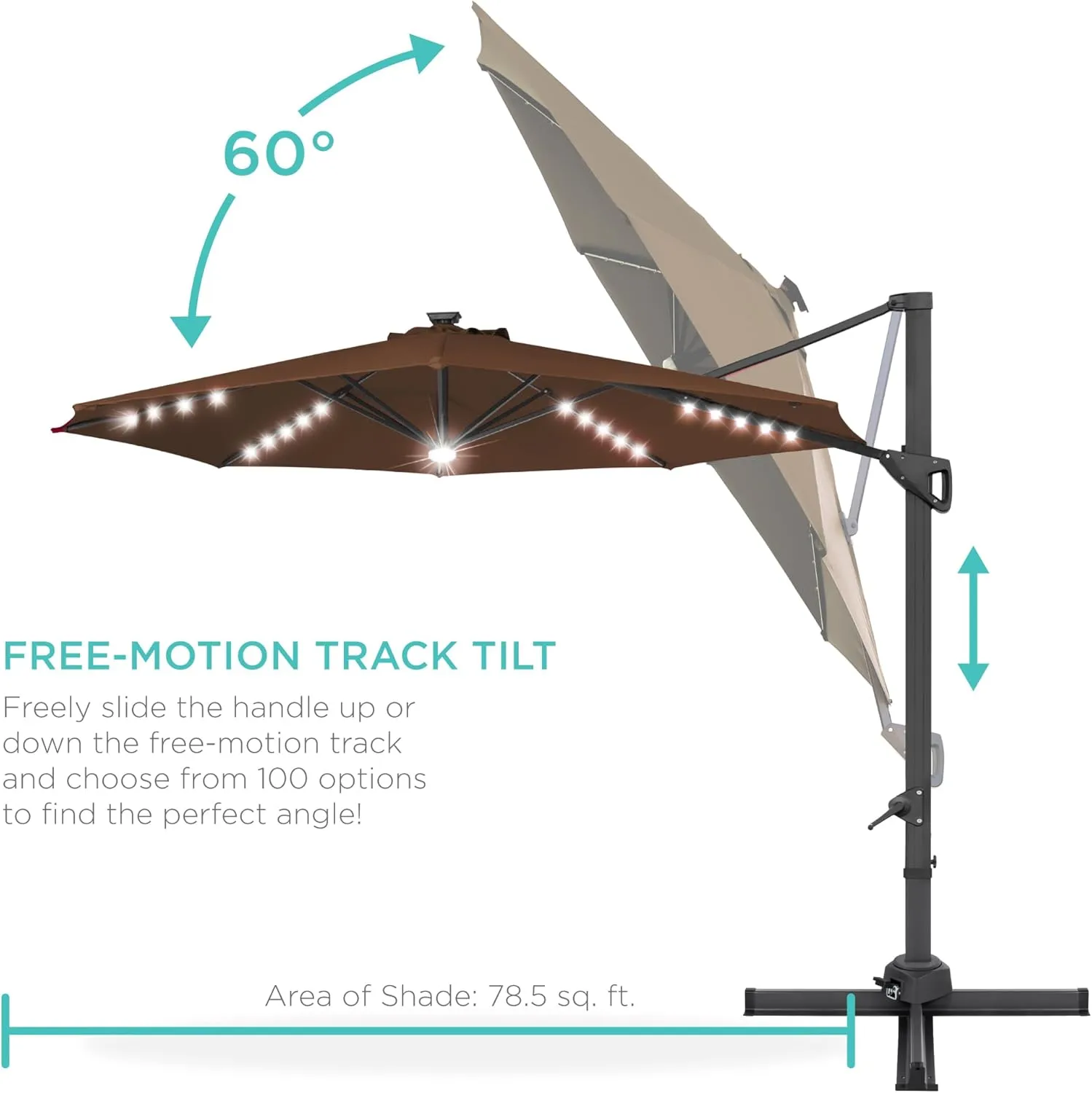 Best Choice Products 10ft Solar LED Cantilever Patio Umbrella, 360-Degree Rotation Hanging Offset Market Outdoor Sun Shade for Backyard, Deck, Poolside w/Lights, Easy Tilt, Cross Base