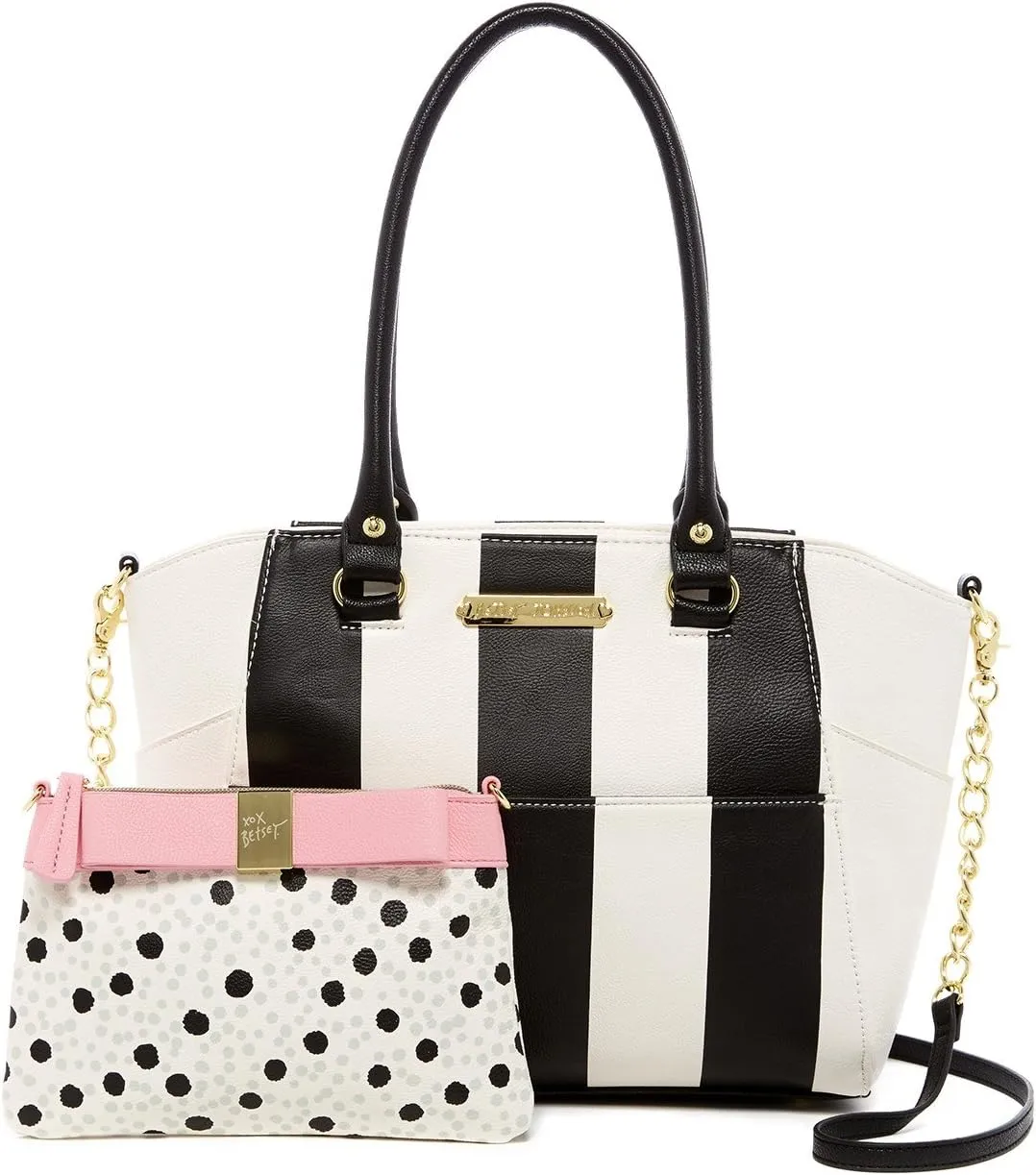 Betsey Johnson Hidden Treasure Stripe Satchel Detachable Pouch Bow Detail Satchel Shoulder Bag