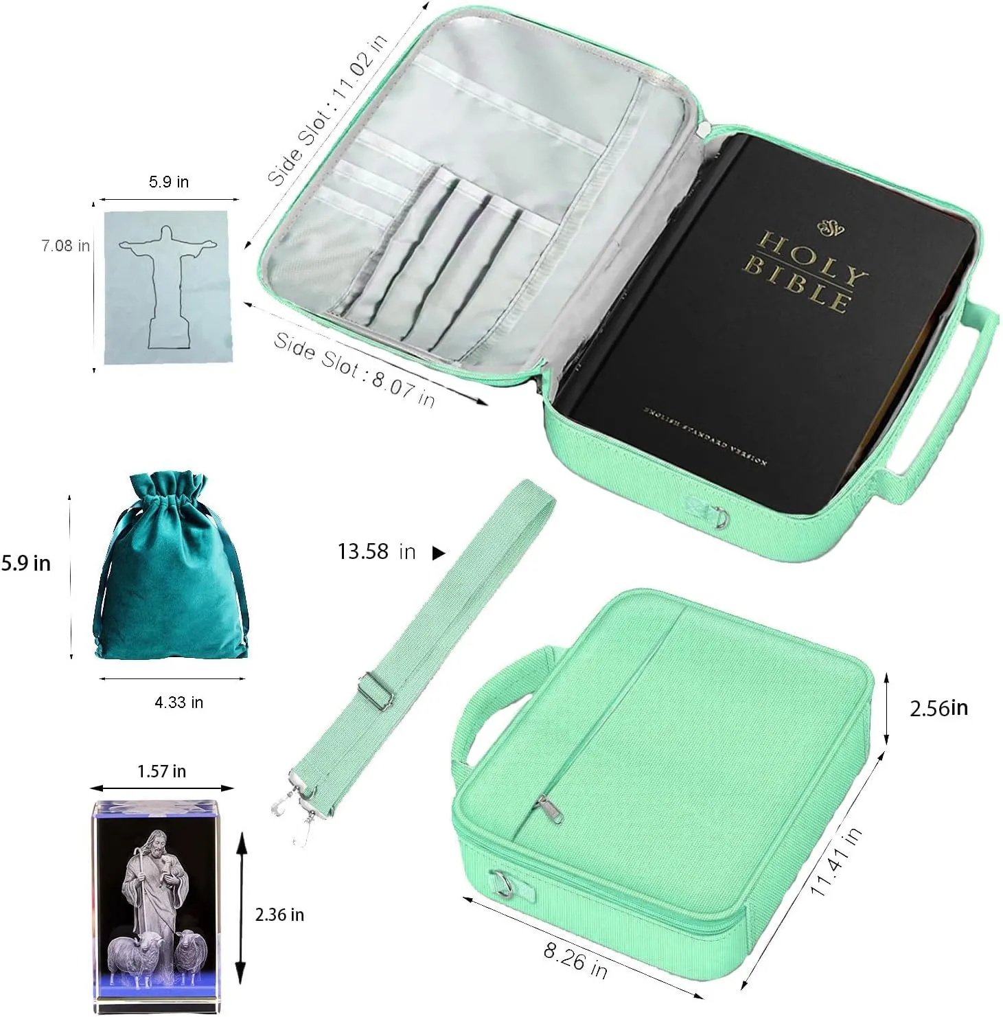 Bible Cover,Book Protection Handbag Carrying Case Church Bag,Shoulder Strap Zipper Pocket Pen Holder with 3D Engraved Crystal About Religious Classic Scenes