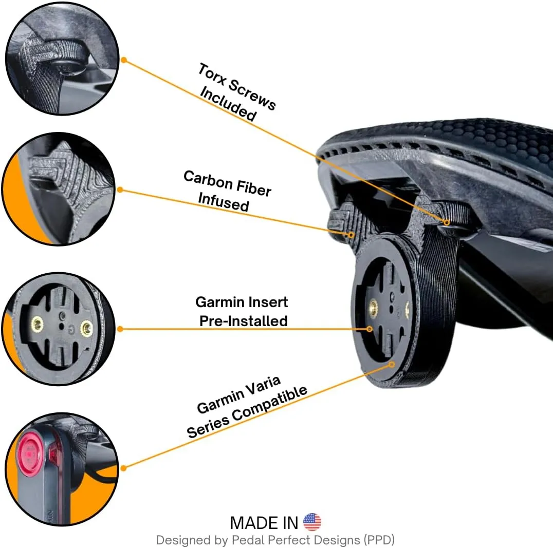 Bicycle Saddle Mount Intended for Garmin Varia, fits Specialized, Pinarello, and Sella Italia Saddles, Carbon Fiber, 3 Size Options, Black (Standard), Made in USA.