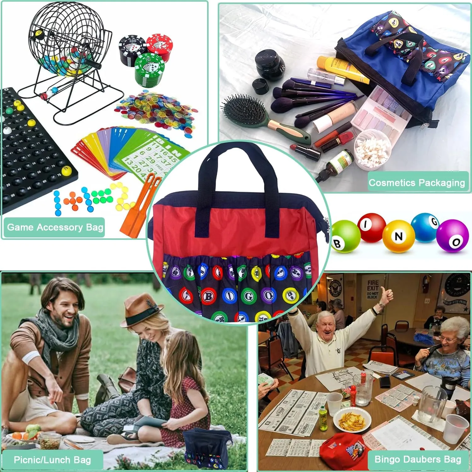 Bingo Dauber Bags with 8 Pockets Large Capacity Bingo Tote/Travel Carrying Case with Zipper/Makeup Bag/Casino Game Lovers Gift for Women