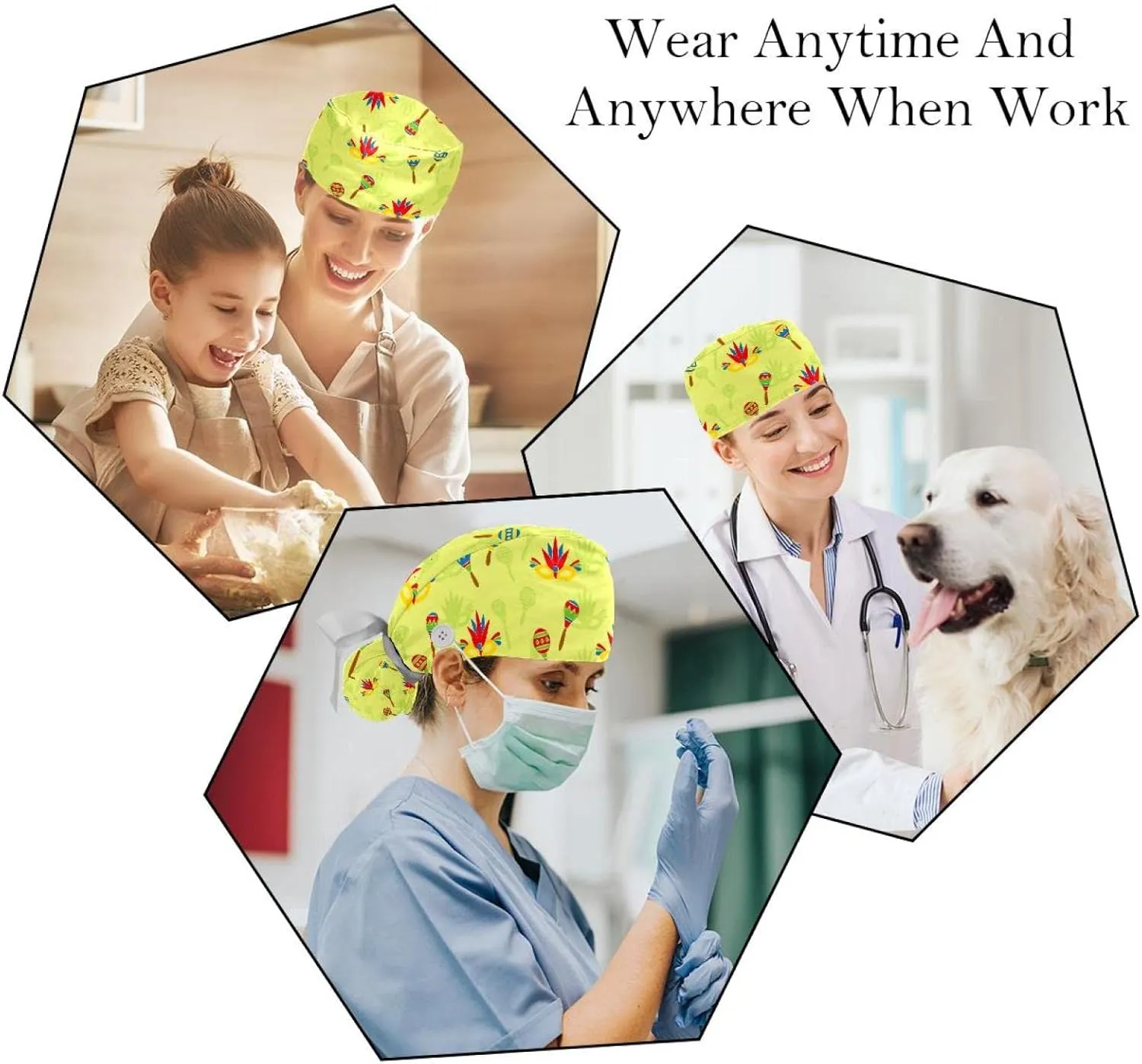 Bird in Kind Scrub Hats for Women Long Hair, Working Cap with Button & Sweatband, Unisex Tie Back Hats 2 Packs