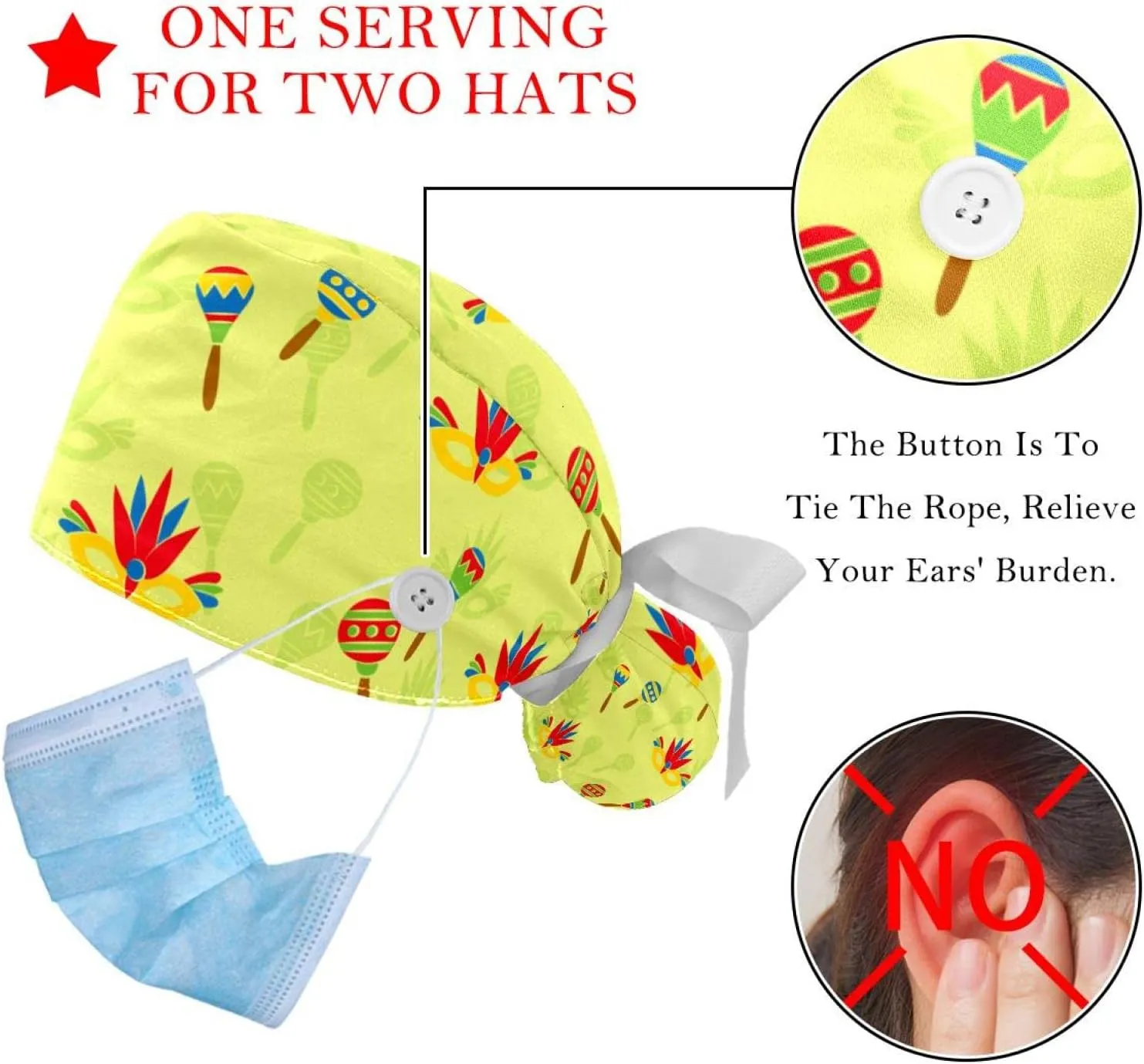Bird in Kind Scrub Hats for Women Long Hair, Working Cap with Button & Sweatband, Unisex Tie Back Hats 2 Packs