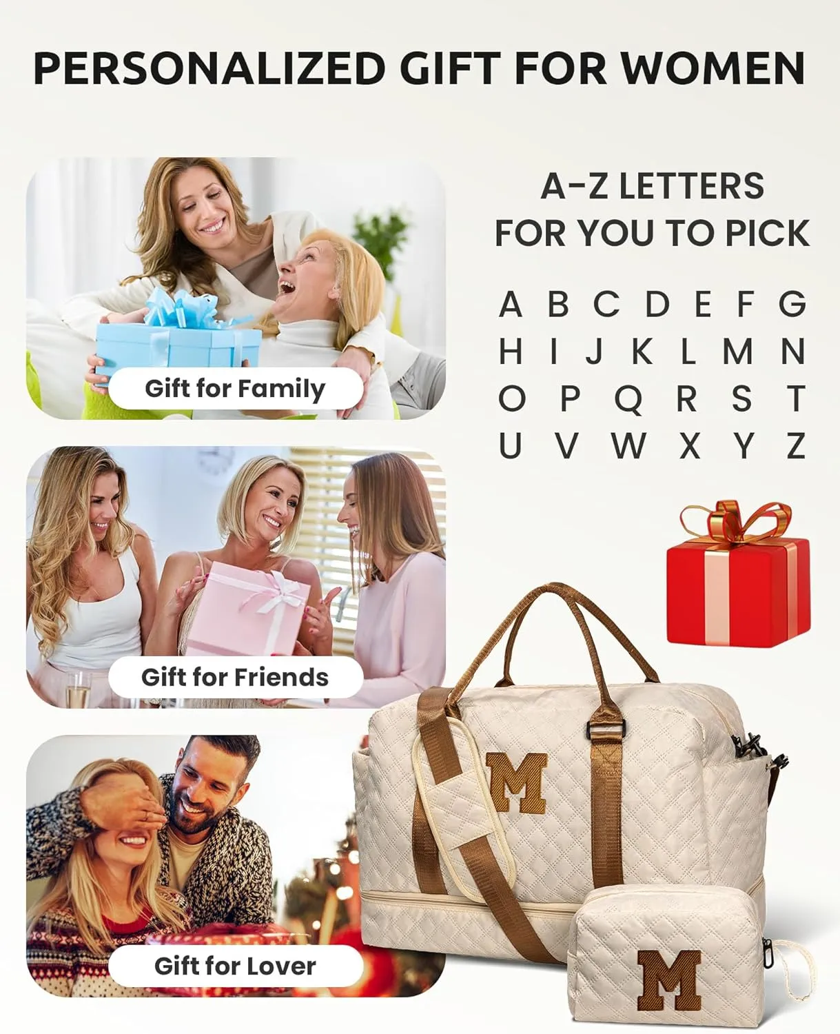 Birthday Gifts-for Women-Initial Duffle Bag with Shoe Compartment, Personalized Weekender Bag, Monogram Overnight Bag, Letter Travel Bag with Makeup Bag，Friend Wife Birthday Gift (Letter C)
