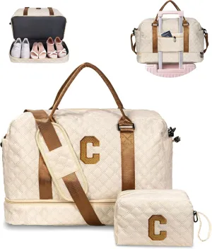 Birthday Gifts-for Women-Initial Duffle Bag with Shoe Compartment, Personalized Weekender Bag, Monogram Overnight Bag, Letter Travel Bag with Makeup Bag，Friend Wife Birthday Gift (Letter C)