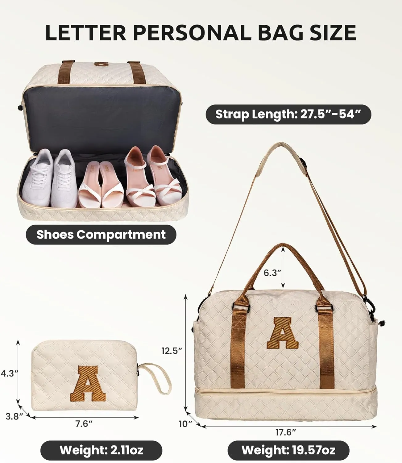 Birthday Gifts-for Women-Initial Duffle Bag with Shoe Compartment, Personalized Weekender Bag, Monogram Overnight Bag, Letter Travel Bag with Makeup Bag，Friend Wife Birthday Gift (Letter C)