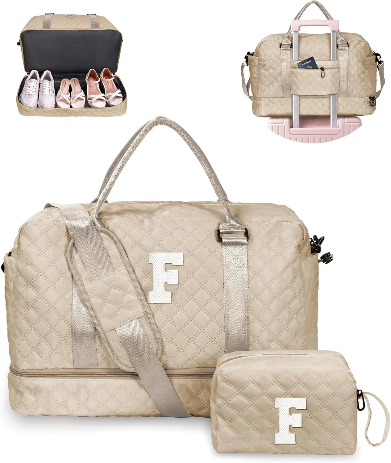 Birthday Gifts for Women-Initial Travel Bag with Shoe Compartment, Personalized Weekender Bag, Monogram Overnight Bag for Women, Letter Travel Bag with Makeup Bag (Letter F)