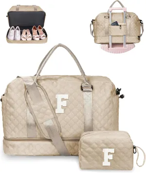 Birthday Gifts for Women-Initial Travel Bag with Shoe Compartment, Personalized Weekender Bag, Monogram Overnight Bag for Women, Letter Travel Bag with Makeup Bag (Letter F)