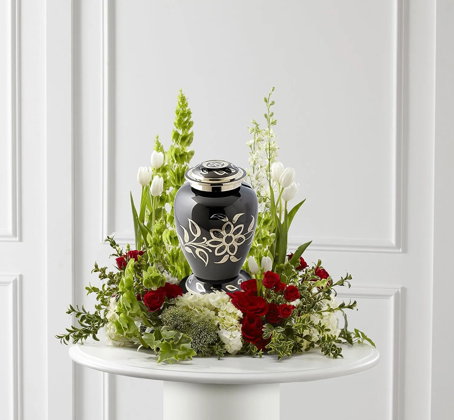 Black & Gold Floral Cremation Urn - Florentine Urn - Adult Funeral Urn Handcrafted and Engraved - Affordable Urn for Ashes - Large Urn with Free Bag