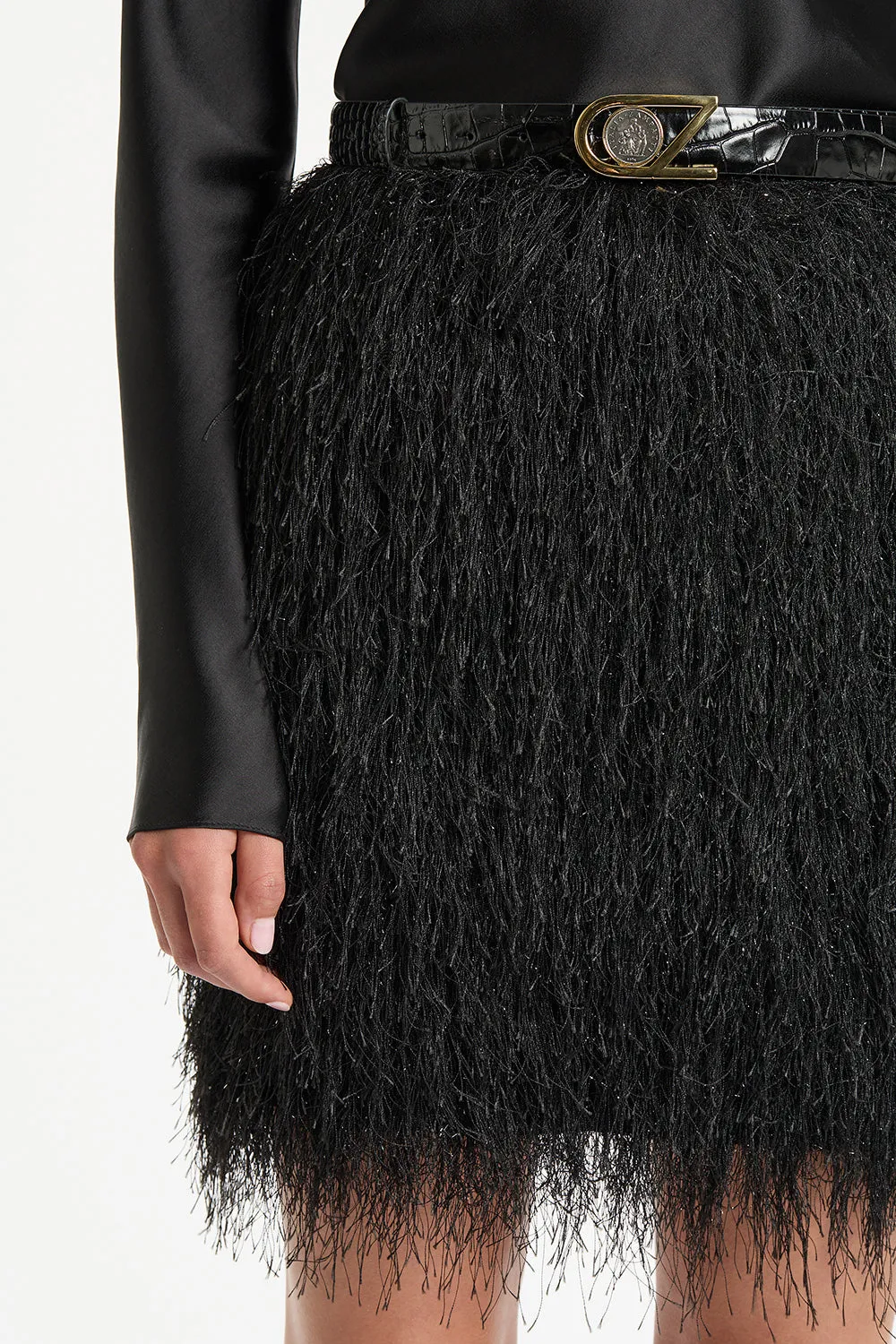 BLACK FRINGE KNIT MINI SKIRT