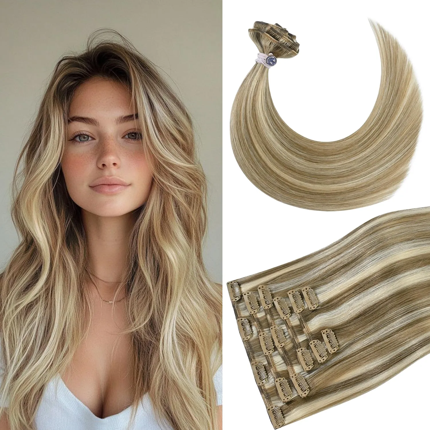 Blonde Hair Extensions Real Human Hair Clip in Human Hair for Women Straight Golden Blonde Highlights Hair Extensions 15 Inch 75g Soft Silky Hair Extension for Full Head