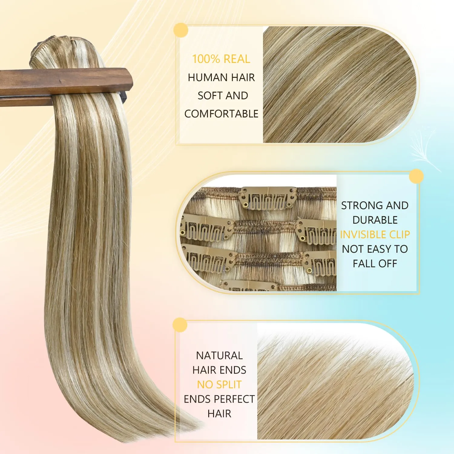 Blonde Hair Extensions Real Human Hair Clip in Human Hair for Women Straight Golden Blonde Highlights Hair Extensions 15 Inch 75g Soft Silky Hair Extension for Full Head