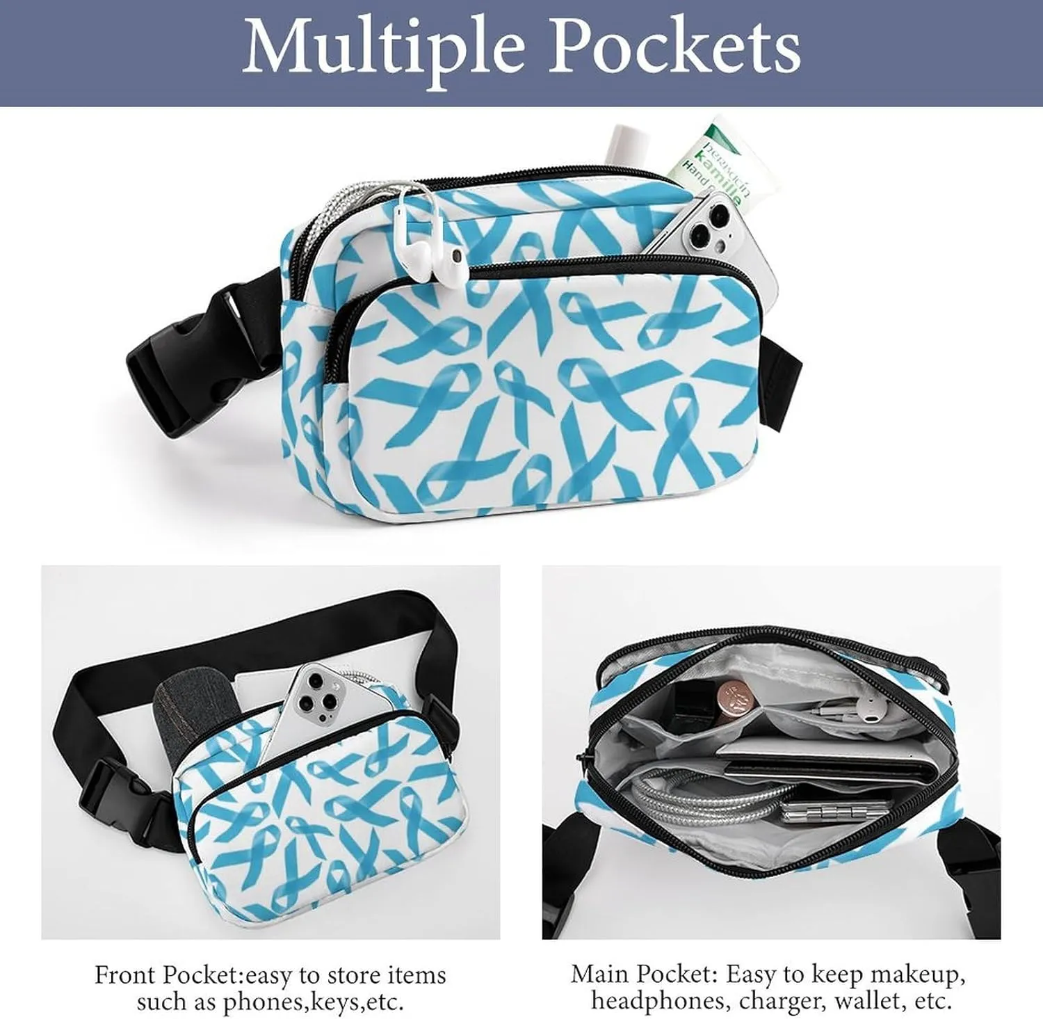 Blue Ribbons Prostate Cancer Awareness Unisex Fashion Fanny Pack Crossbody Bag Suitable for Traveling, Hiking, Daily Life, 20x13cm, style-11