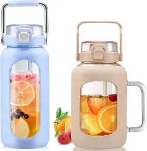 BLUEGO 64oz and 64oz Glass Water Bottles Bundle(64 LBlue   64 Amber) with Straw and Lids Handle Large Water Bottle with Sleeve, Half Gallon Water Jug, Glass Water Container, BPA Free