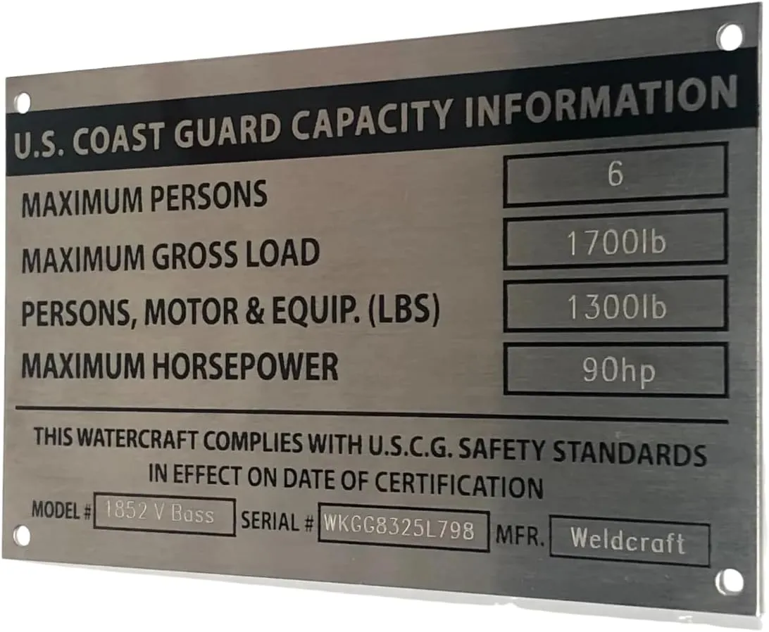 Boat Capacity Coast Guard Aluminum Plate Custom Engraved Bass Tracker Weldcraft/Boat Capacity & Data Aluminum Plate 5x3 Silver-Custom Engraving Included