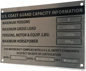Boat Capacity Coast Guard Aluminum Plate Custom Engraved Bass Tracker Weldcraft/Boat Capacity & Data Aluminum Plate 5x3 Silver-Custom Engraving Included