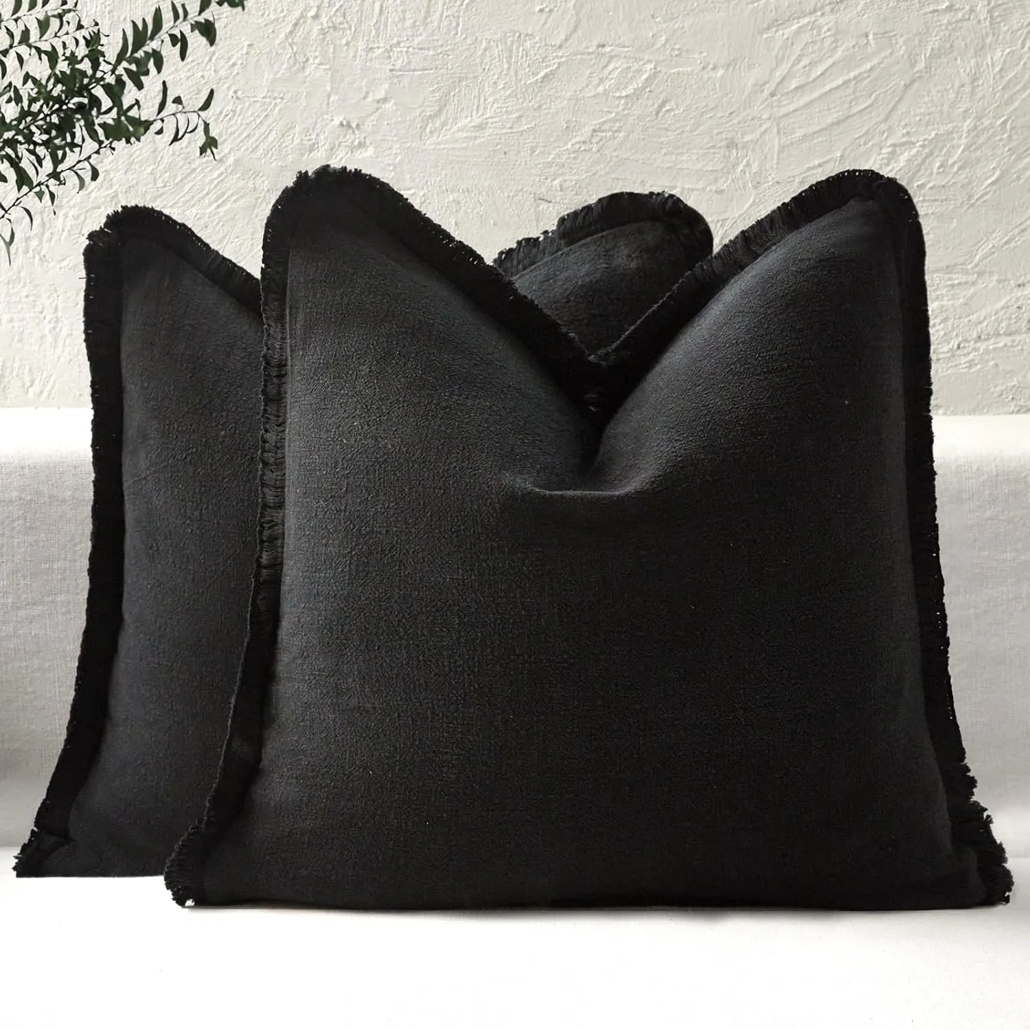 Boho Decorative Throw Pillow Covers with Fringe for Couch, Living Room, Bed Set of 2, 26x26 Inches, Black
