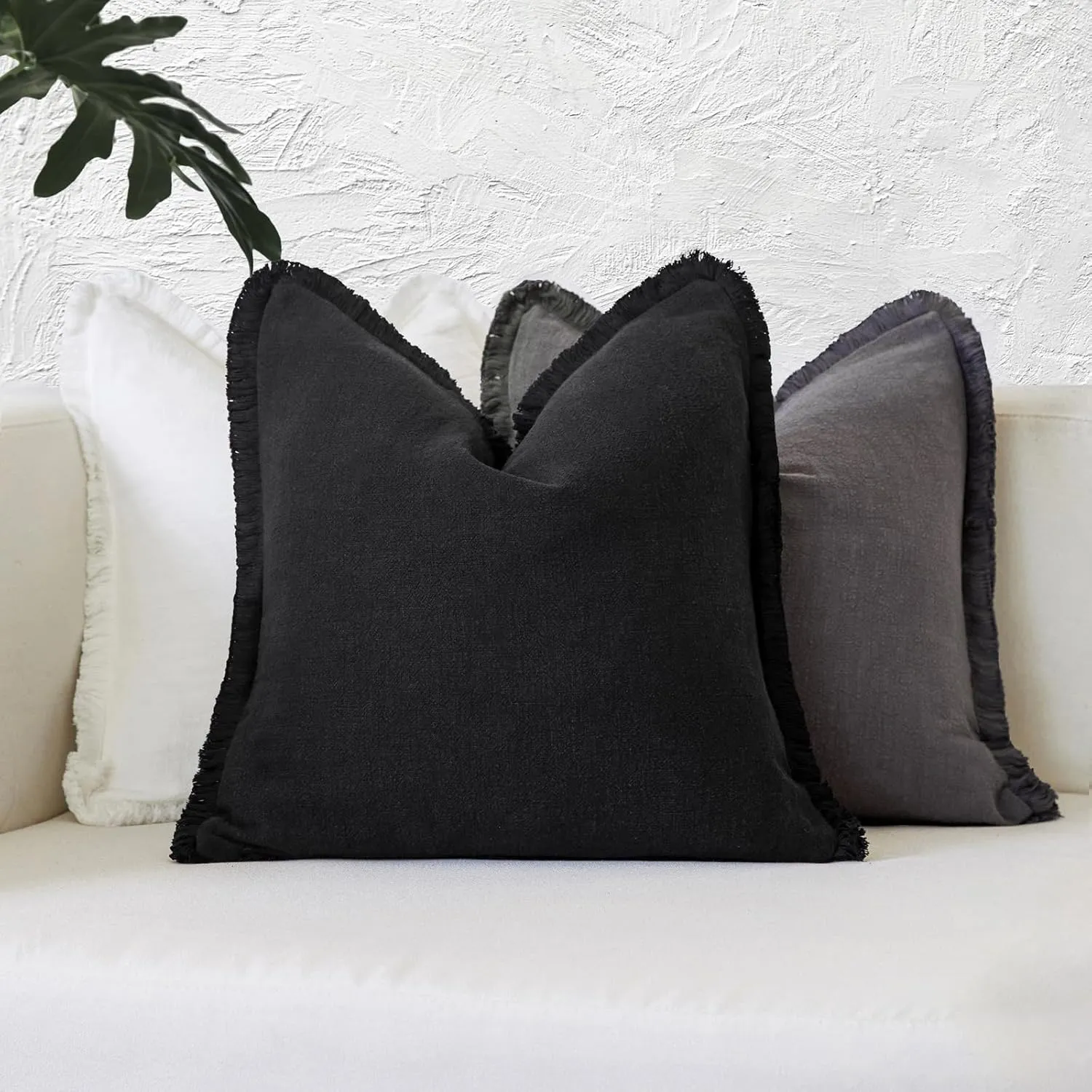 Boho Decorative Throw Pillow Covers with Fringe for Couch, Living Room, Bed Set of 2, 26x26 Inches, Black