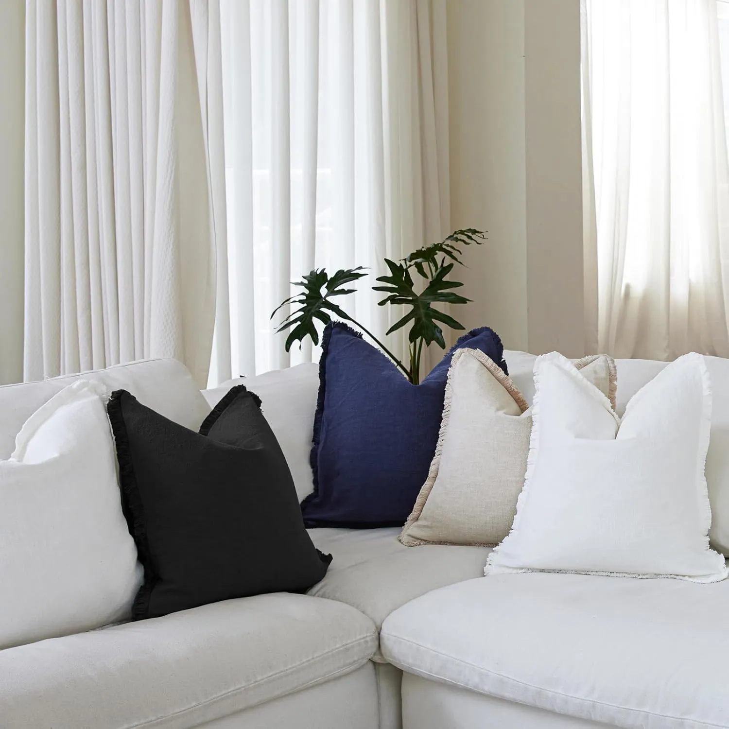 Boho Decorative Throw Pillow Covers with Fringe for Couch, Living Room, Bed Set of 2, 26x26 Inches, Black