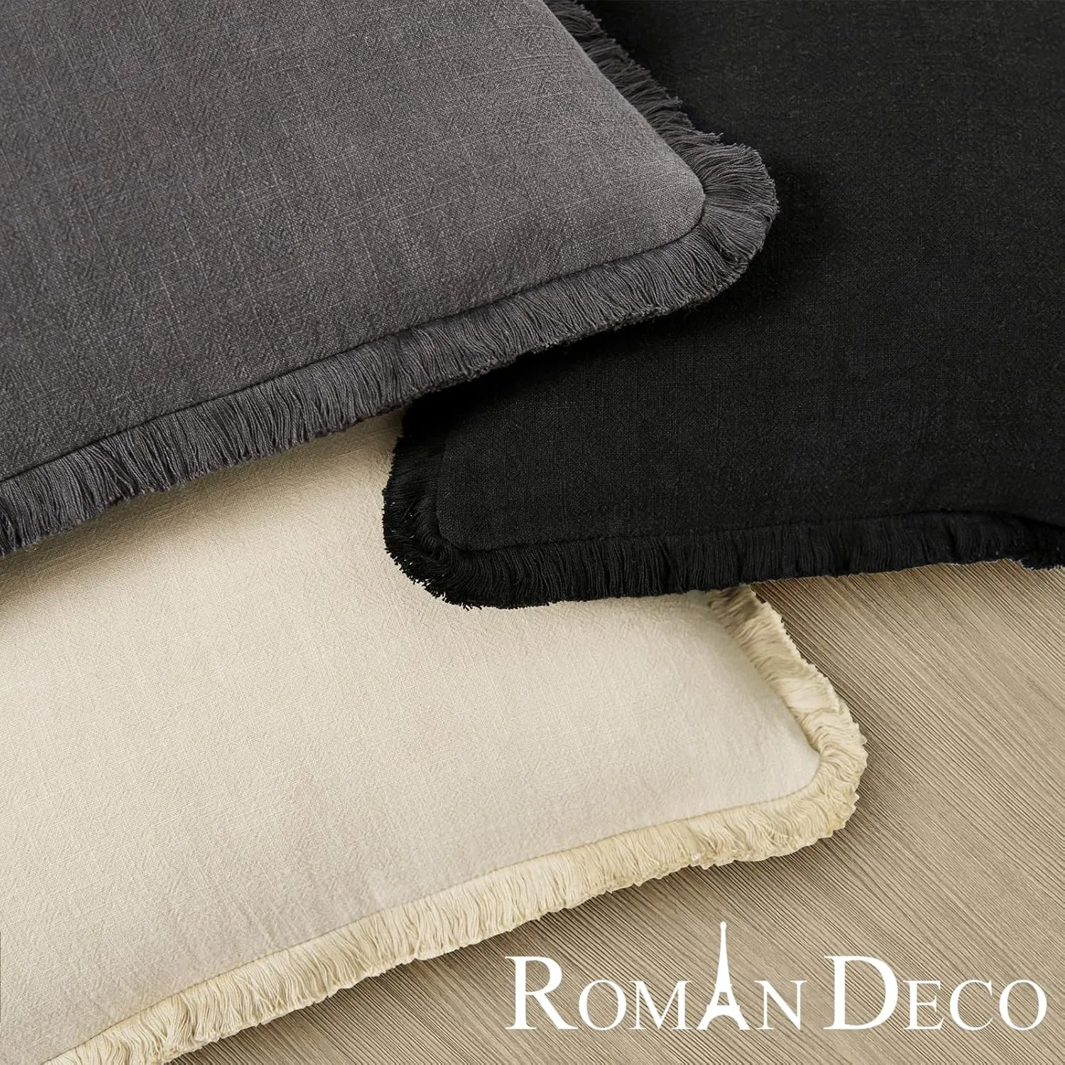 Boho Decorative Throw Pillow Covers with Fringe for Couch, Living Room, Bed Set of 2, 26x26 Inches, Black