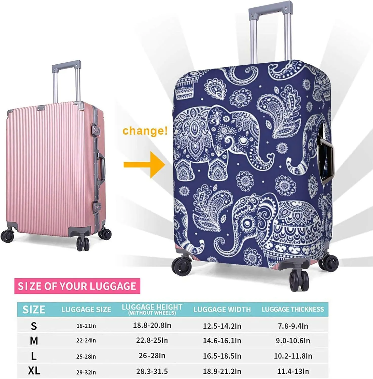 Boho Elephant Suitcase Covers, Luggage Protectors Fits Four Sizes Suitcase For Travel