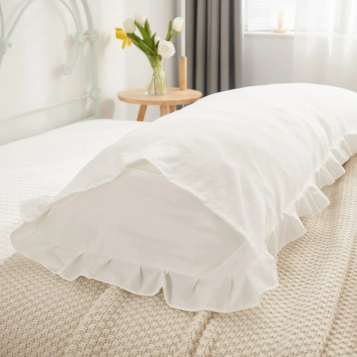 Boho White Body Pillowcase 20x54in - Ruffled Fringe Decor Sham