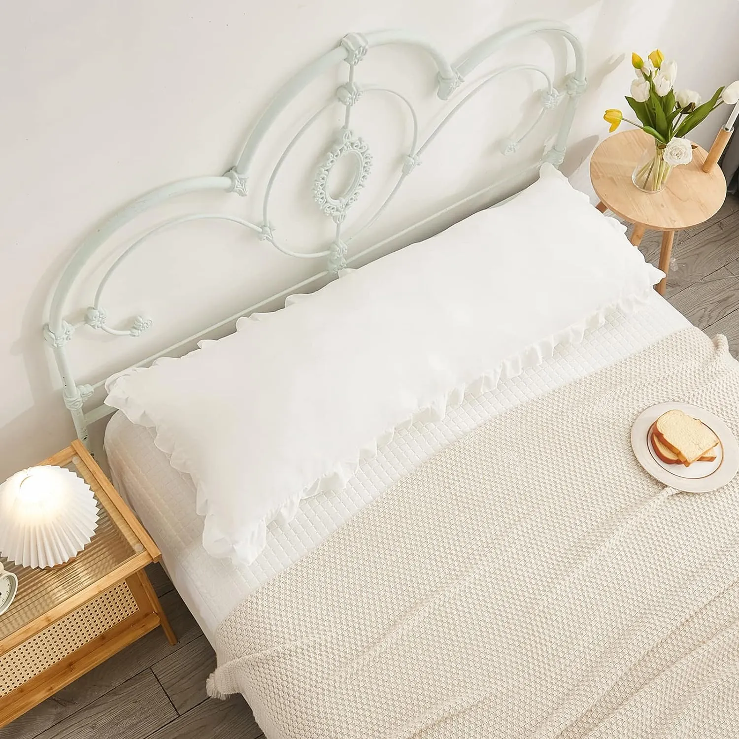 Boho White Body Pillowcase 20x54in - Ruffled Fringe Decor Sham