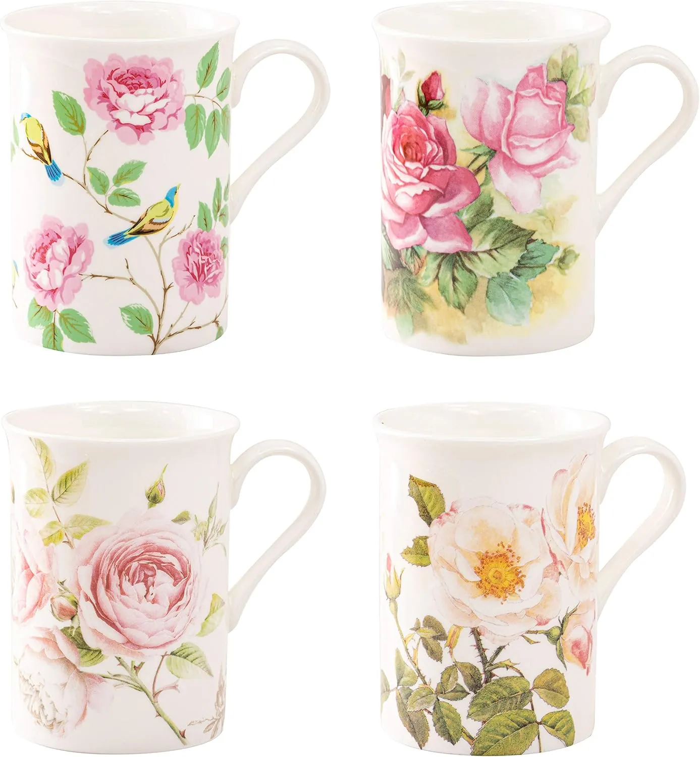 Bone China Coffee Tea Mugs 9-Ounce, Assorted Set of 4 (Rose Petal Garden)