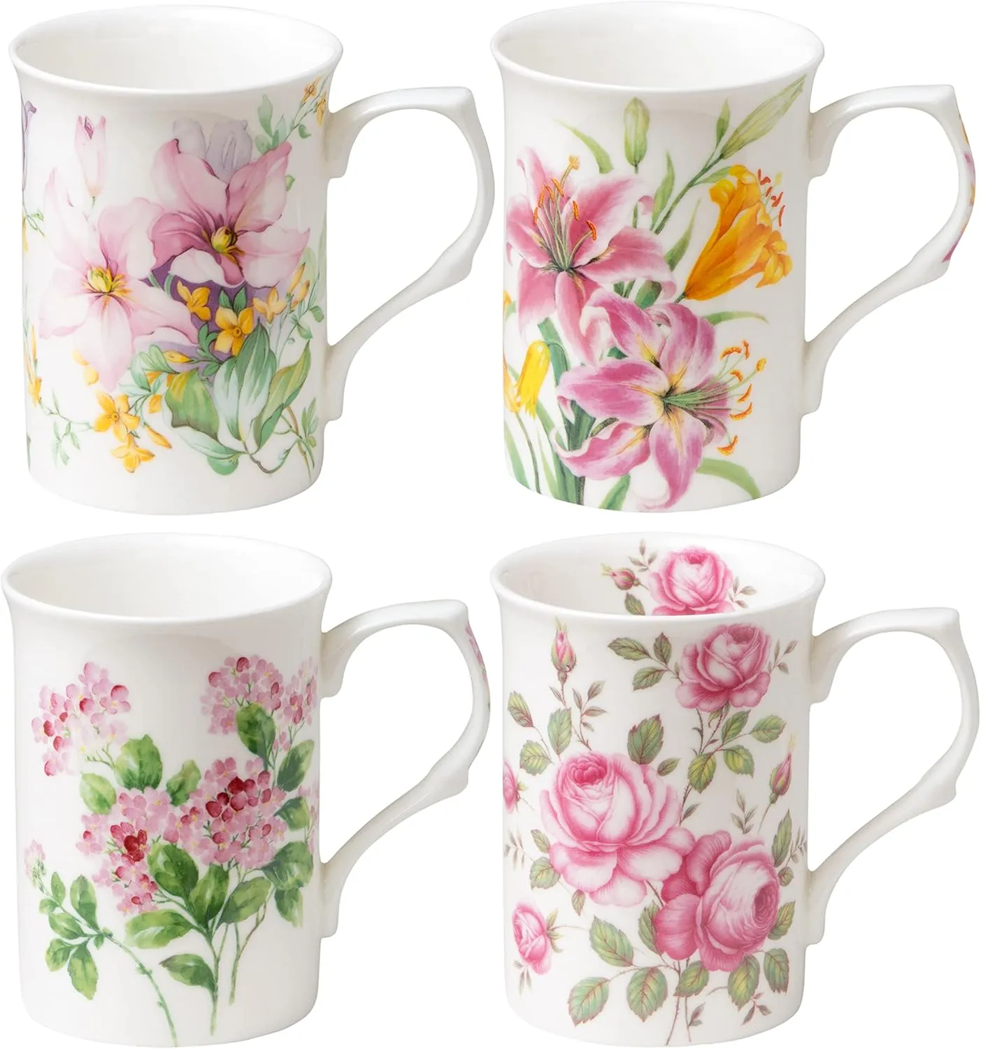 Bone China Coffee Tea Mugs 9-Ounce, Assorted Set of 4 (Spring Floral)
