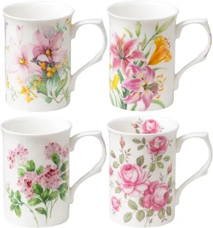 Bone China Coffee Tea Mugs 9-Ounce, Assorted Set of 4 (Spring Floral)