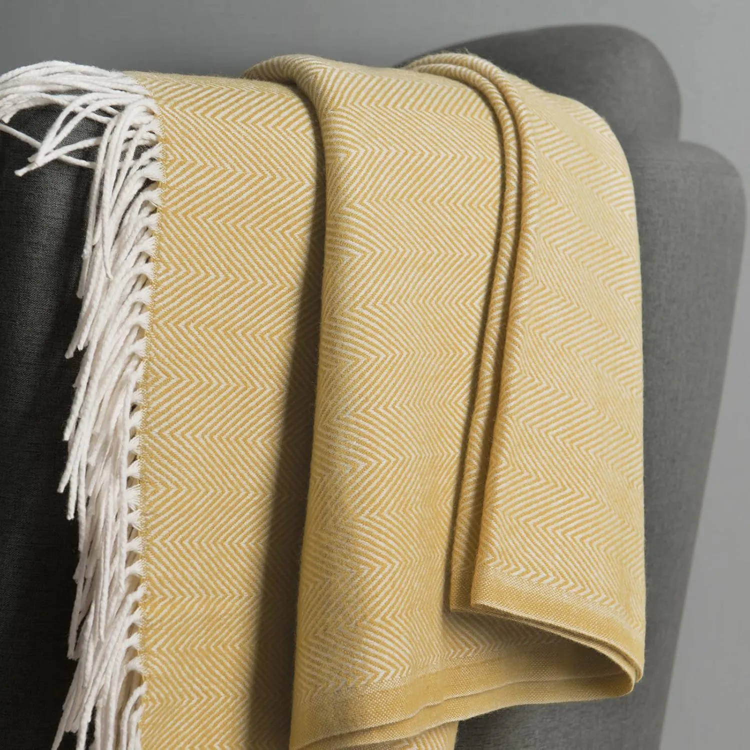 BOURINA Decorative Herringbone Faux Cashmere Fringe Throw Blanket Lightweight Soft Cozy for Bed or Sofa Farmhouse Outdoor Throw Blankets, 50" x 60", Yellow
