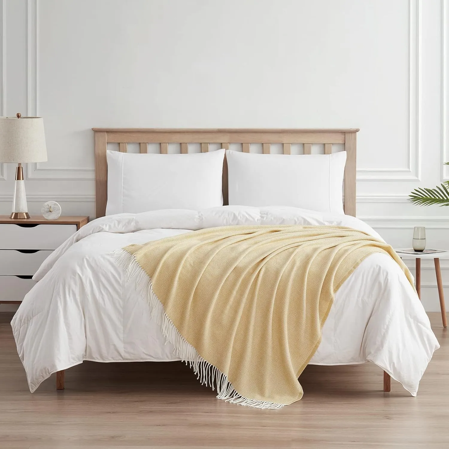 BOURINA Decorative Herringbone Faux Cashmere Fringe Throw Blanket Lightweight Soft Cozy for Bed or Sofa Farmhouse Outdoor Throw Blankets, 50" x 60", Yellow