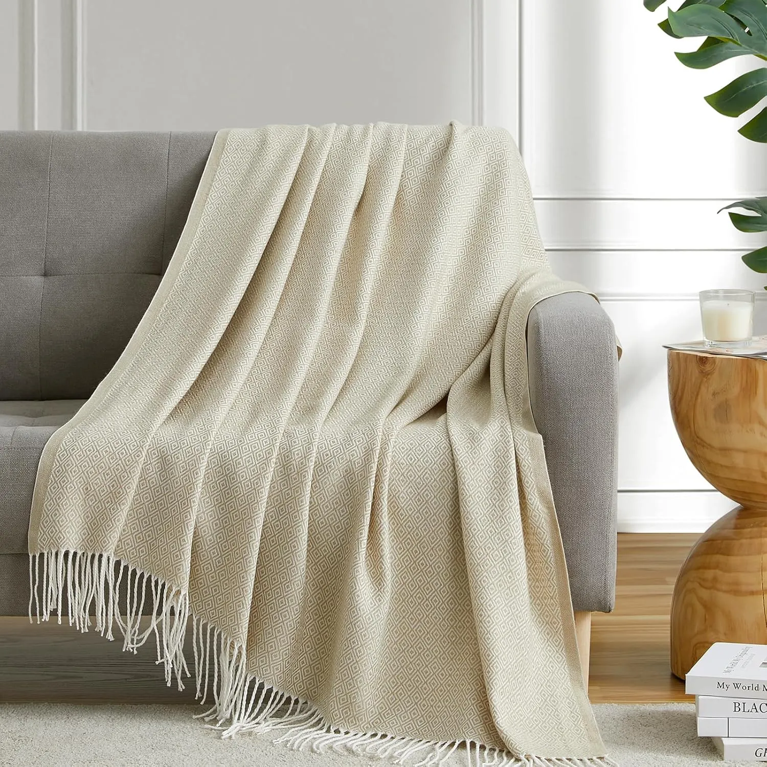BOURINA Throw Blanket Decorative Faux Cashmere Fringe Lightweight Throw Soft Cozy for Bed or Sofa Outdoor Blanket, 50" x 60" Light Yellow