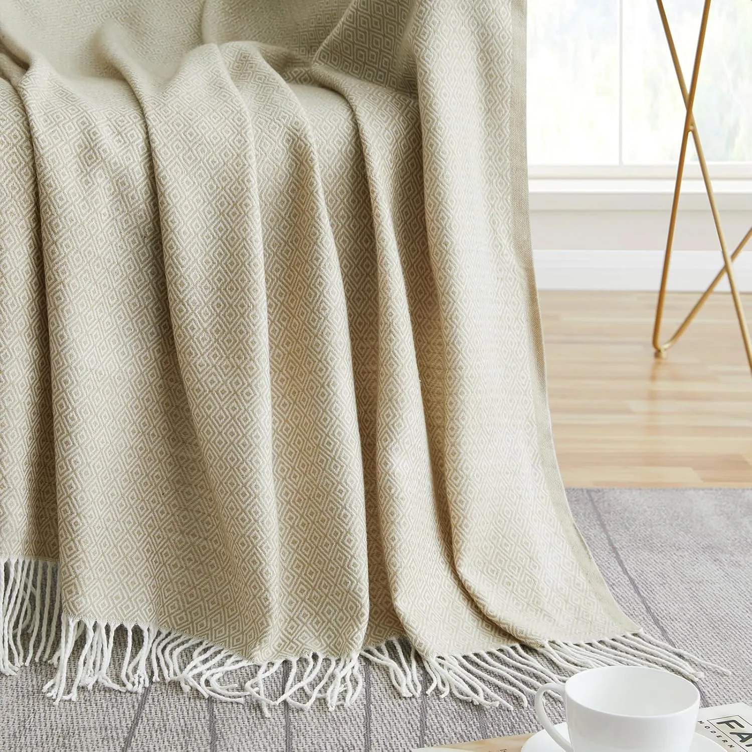 BOURINA Throw Blanket Decorative Faux Cashmere Fringe Lightweight Throw Soft Cozy for Bed or Sofa Outdoor Blanket, 50" x 60" Light Yellow