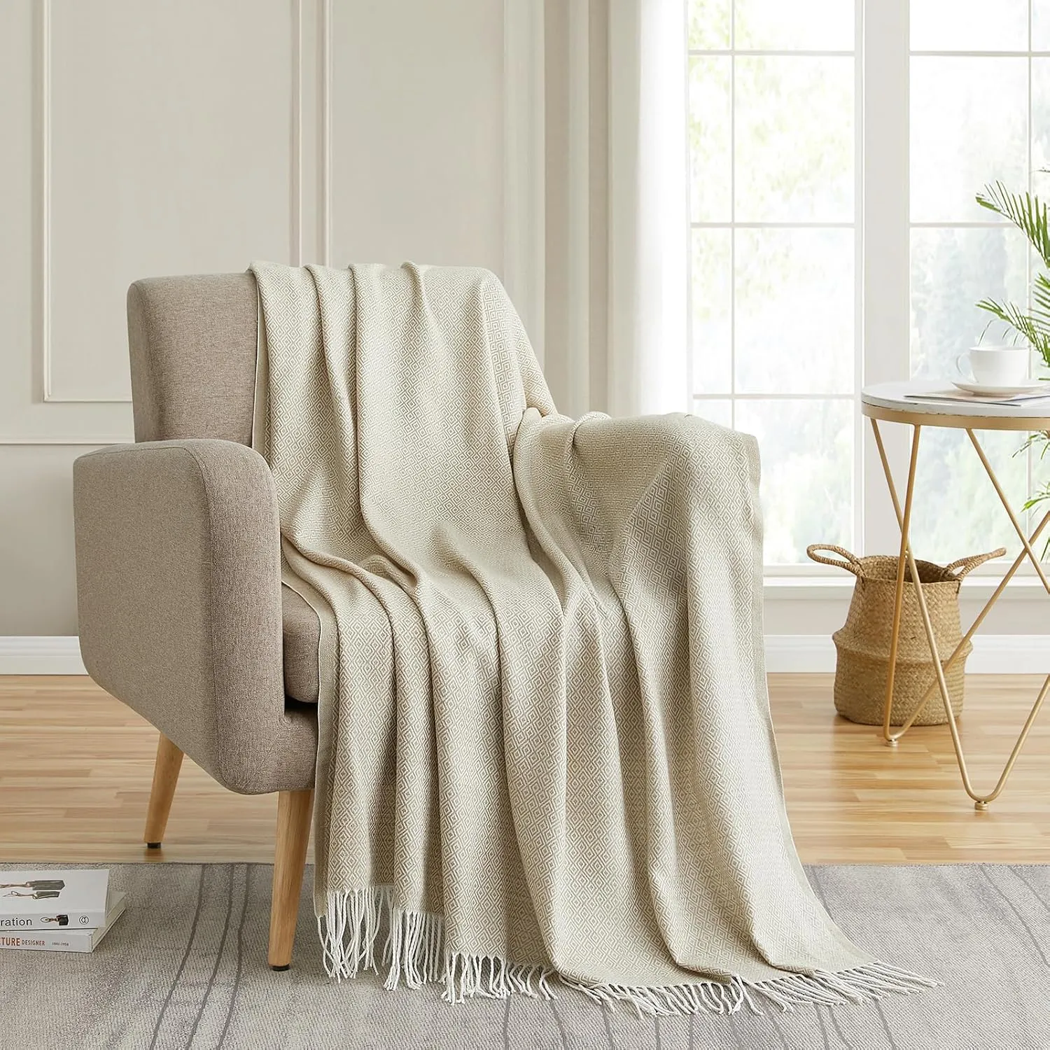 BOURINA Throw Blanket Decorative Faux Cashmere Fringe Lightweight Throw Soft Cozy for Bed or Sofa Outdoor Blanket, 50" x 60" Light Yellow