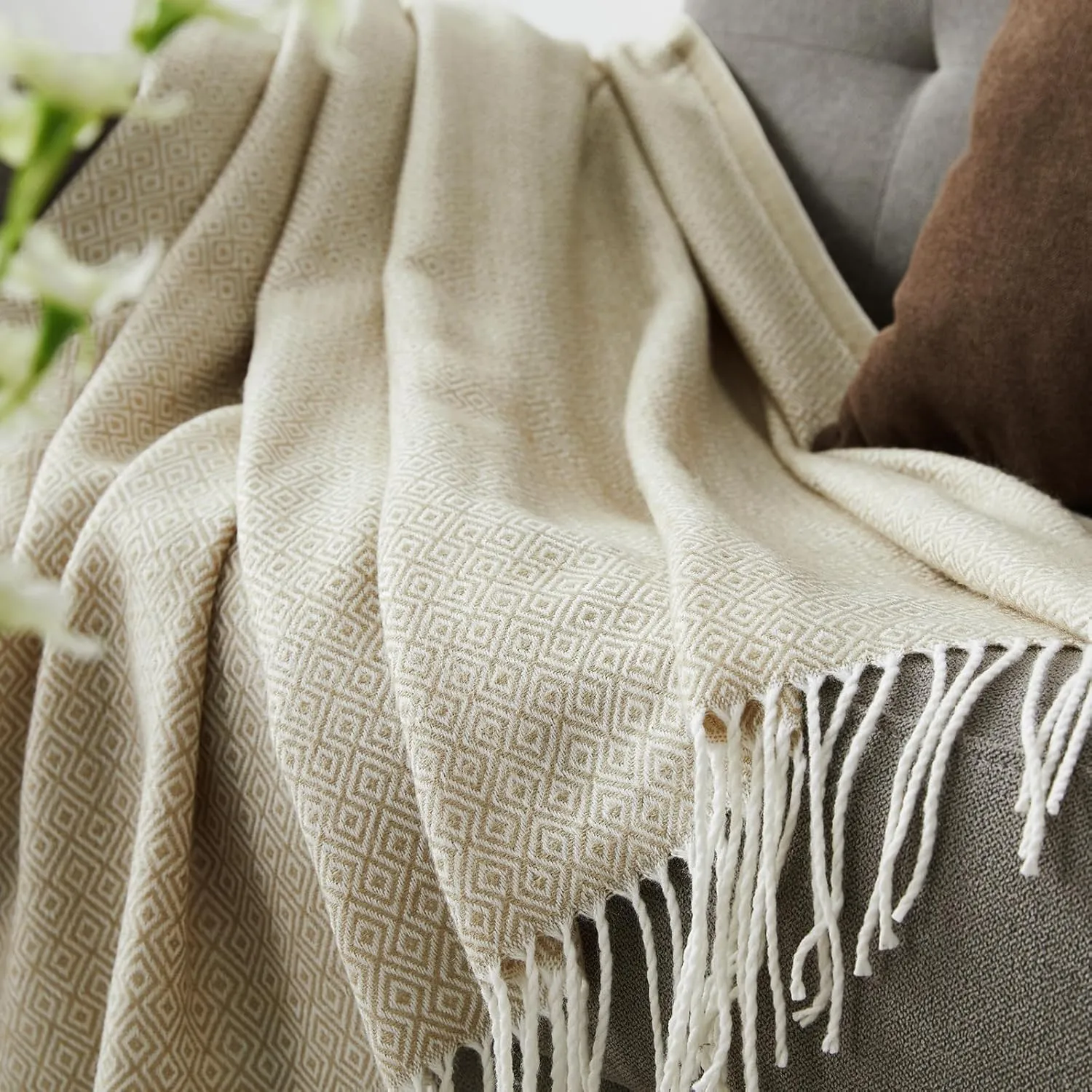 BOURINA Throw Blanket Decorative Faux Cashmere Fringe Lightweight Throw Soft Cozy for Bed or Sofa Outdoor Blanket, 50" x 60" Light Yellow
