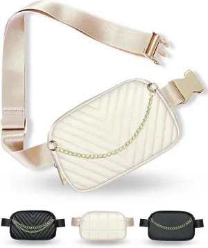 Boutique Luxury Chain Belt Bag | Crossbody Bag Leather Fanny Pack for Women Fashionable | Cute Everywhere Bum Hip Waist Designer Pack | Small Travel Fashion Chest Bag (Extended Strap, Cream | Chevron)