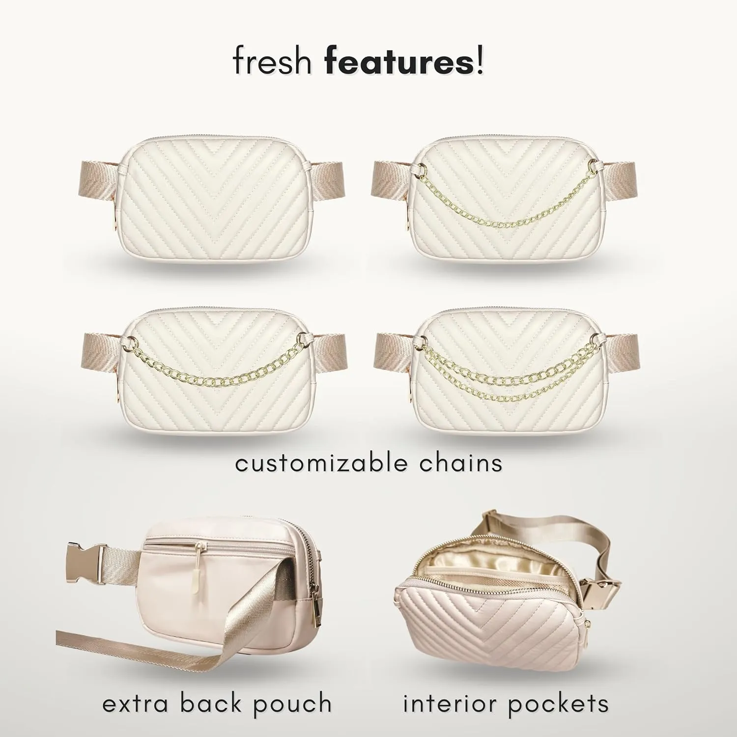 Boutique Luxury Chain Belt Bag | Crossbody Bag Leather Fanny Pack for Women Fashionable | Cute Everywhere Bum Hip Waist Designer Pack | Small Travel Fashion Chest Bag (Extended Strap, Cream | Chevron)