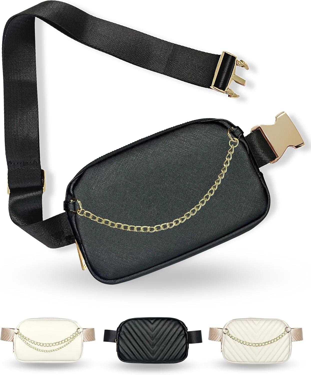 Boutique Luxury Chain Belt Bag | Crossbody Bag Leather Fanny Pack for Women Fashionable | Cute Everywhere Bum Hip Waist Designer Pack | Small Travel Fashion Chest Bag (Small Strap, Black | Saffiano)