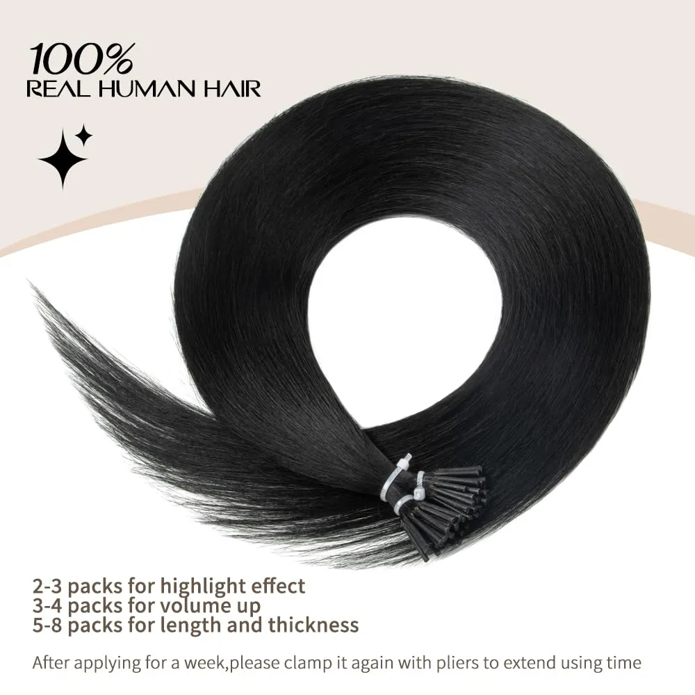 Boymia I Tip Hair Extensions Real Human Hair #01 Jet Black 22 Inch I Tip Human Hair Extensions Silky Straight 50strands