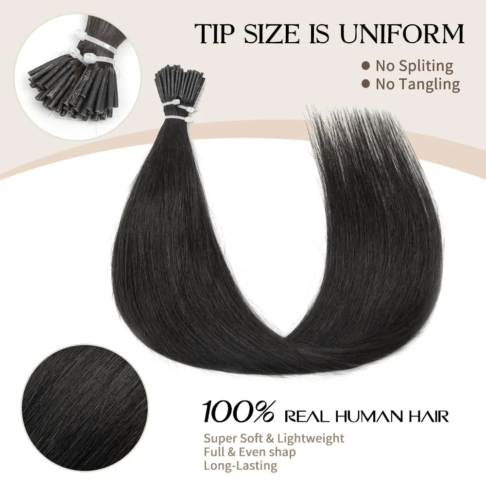 Boymia I Tip Hair Extensions Real Human Hair #01 Jet Black 22 Inch I Tip Human Hair Extensions Silky Straight 50strands