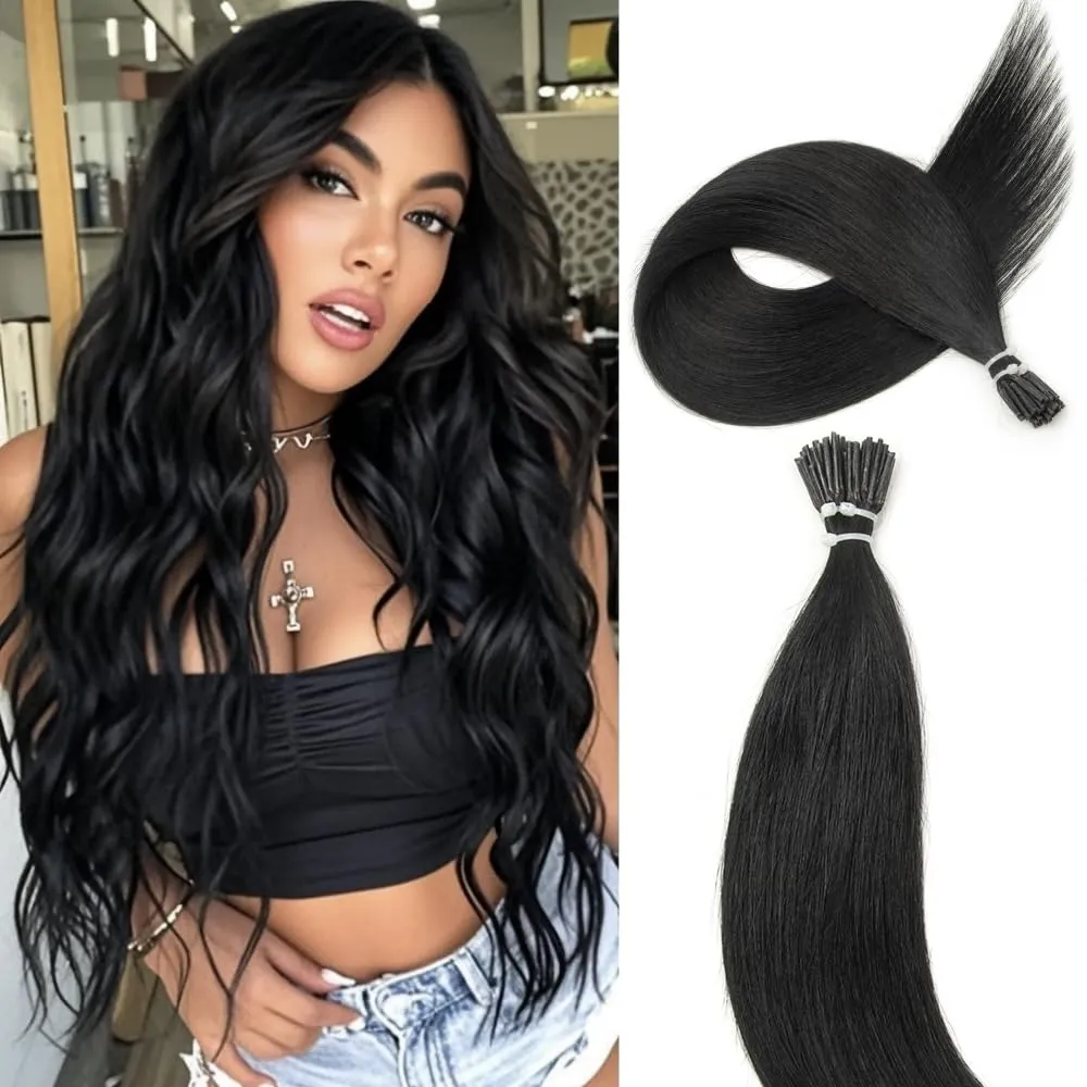 Boymia I Tip Hair Extensions Real Human Hair #01 Jet Black 22 Inch I Tip Human Hair Extensions Silky Straight 50strands