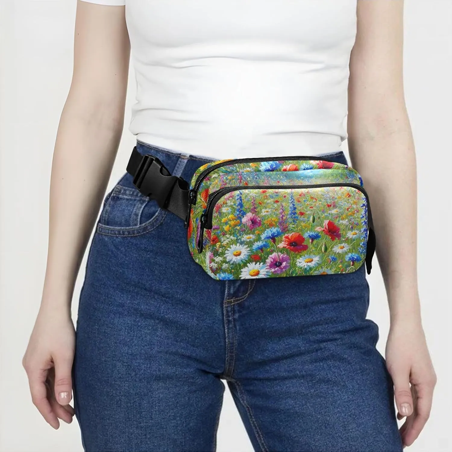 Bright Floral Meadow Spring Print Women Fanny Pack Hip Pack Belt Bag Waterproof Cartoon Crossbody Waist Bag