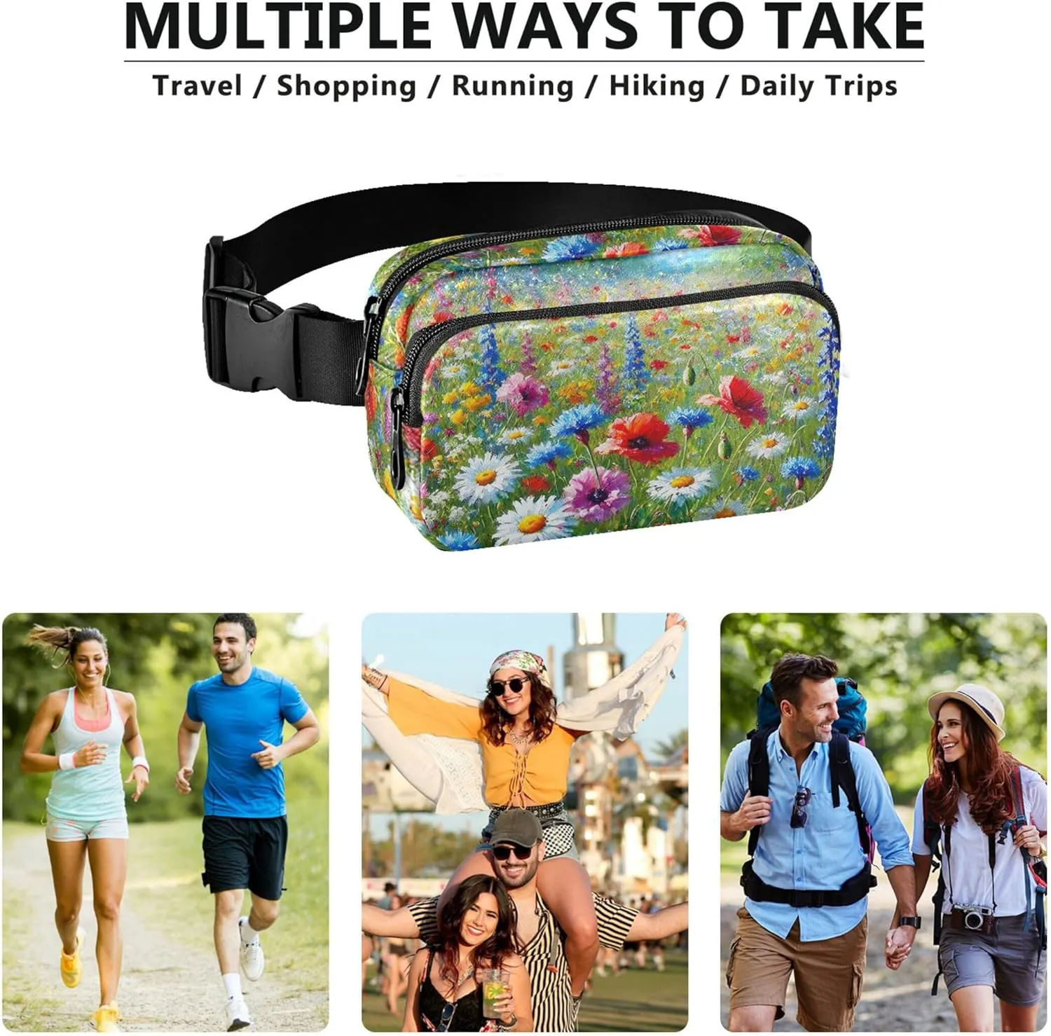 Bright Floral Meadow Spring Print Women Fanny Pack Hip Pack Belt Bag Waterproof Cartoon Crossbody Waist Bag