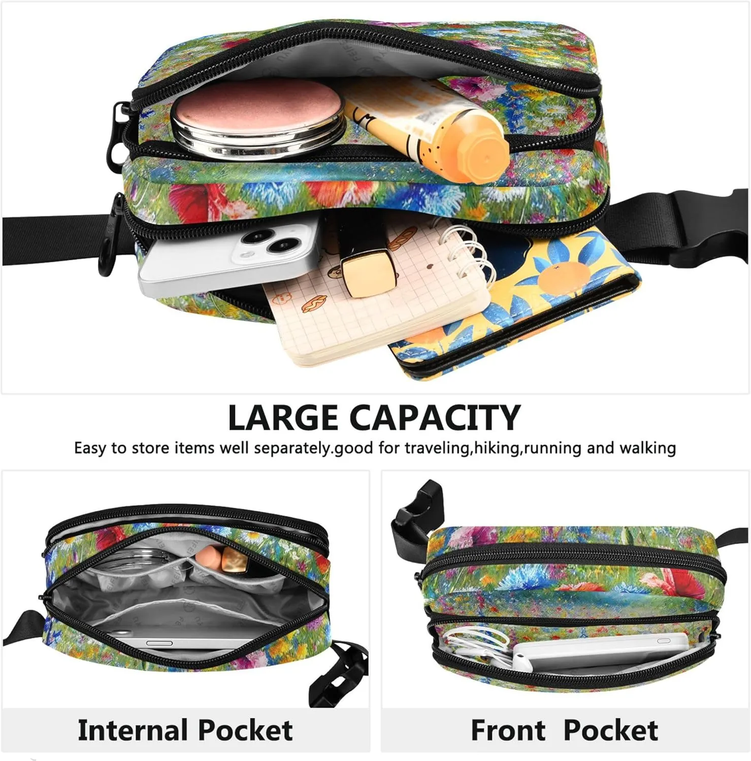 Bright Floral Meadow Spring Print Women Fanny Pack Hip Pack Belt Bag Waterproof Cartoon Crossbody Waist Bag