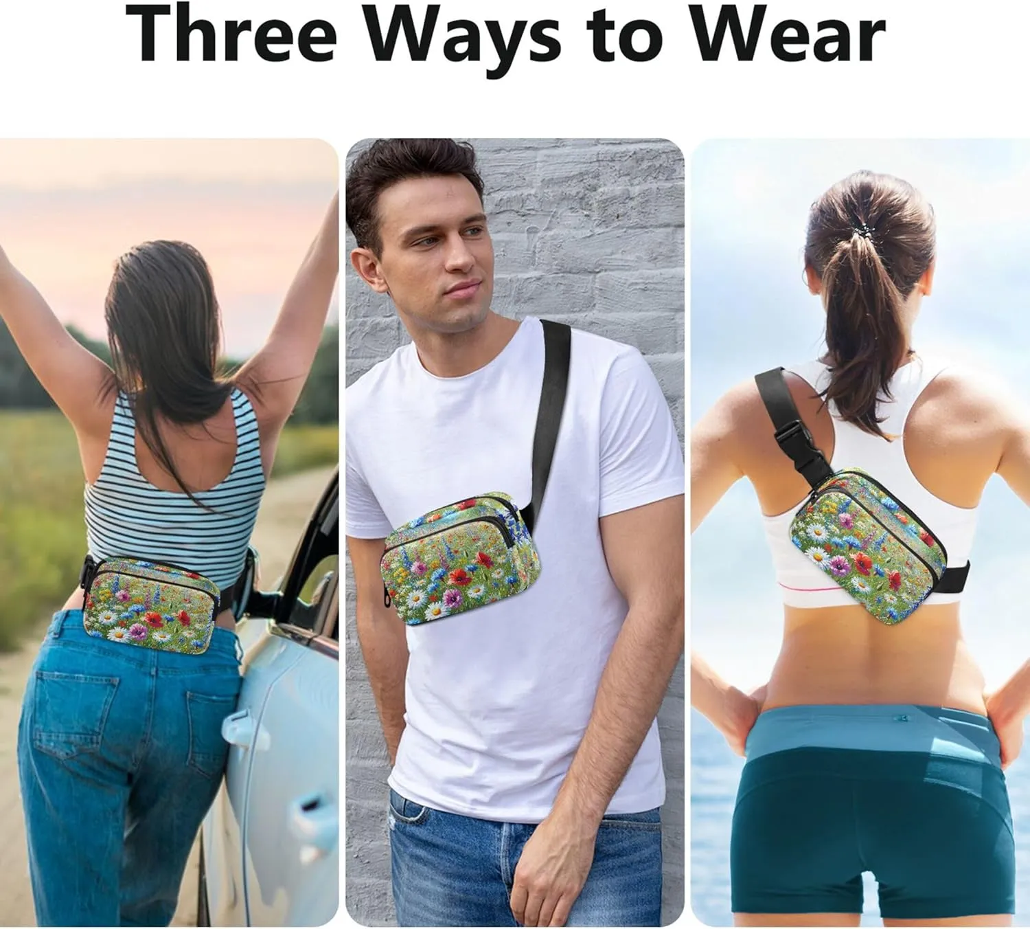 Bright Floral Meadow Spring Print Women Fanny Pack Hip Pack Belt Bag Waterproof Cartoon Crossbody Waist Bag