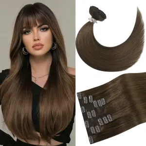 Brown Clip in Hair Extensions Real Human Hair Natural Silky Straight Remy Human Hair for Women 15 Inch 75g Medium Brown Hair Extensions Clip ins