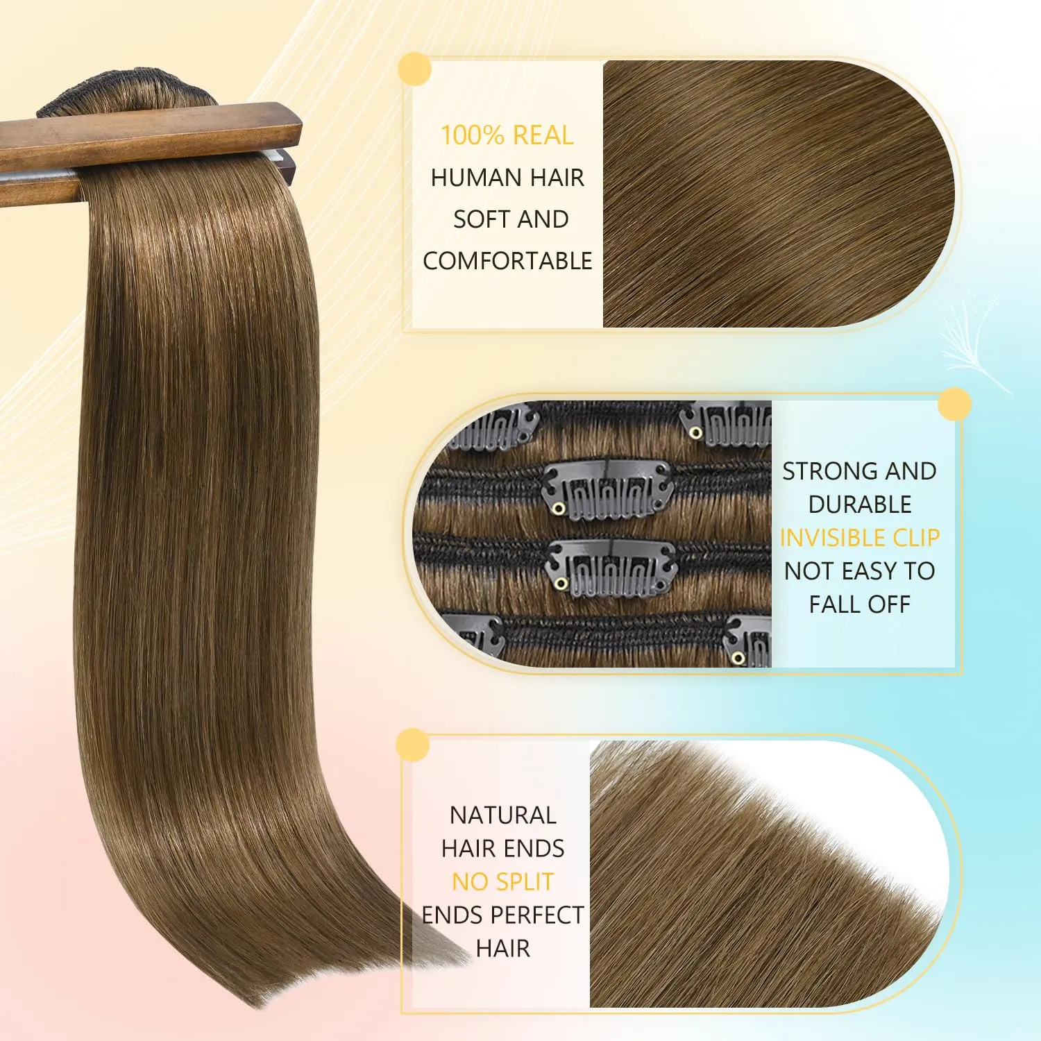 Brown Hair Extensions Clip in 20 Inch 75g Light Brown Remy Human Hair Clip ins for Women #6 Chestnut Brown Hair Extension