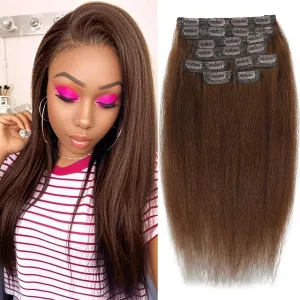 Brown Kinky Straight Clip ins 12 Inch Kinky Straight Clip in Hair Extensions Real Human Hair Brazilian Remy Human Hair Extensions for Women 8Pcs 100g Per Set with 20 Clips Double Weft Natural Black